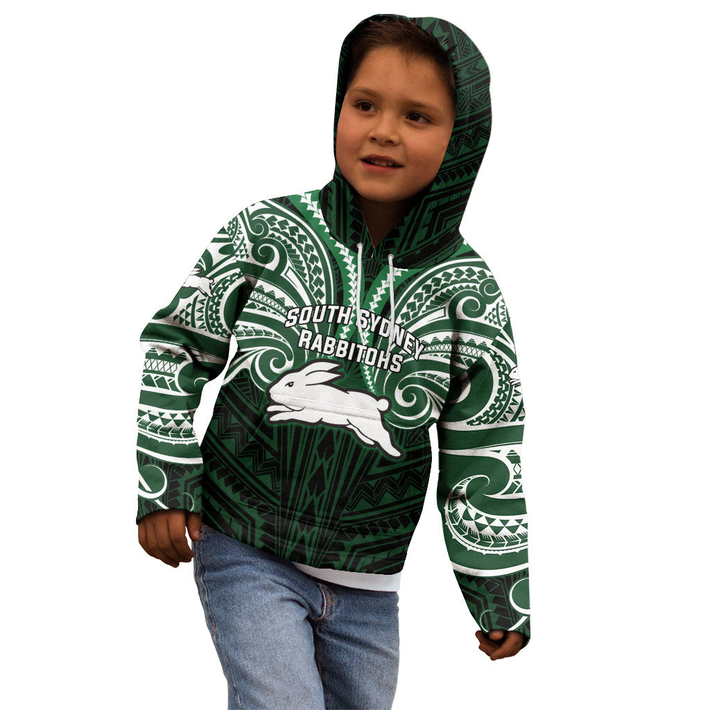 Custom South Sydney Rabbitohs Rugby Kid Hoodie Rabbit Warrior Polynesia Islander Rugby Mascot