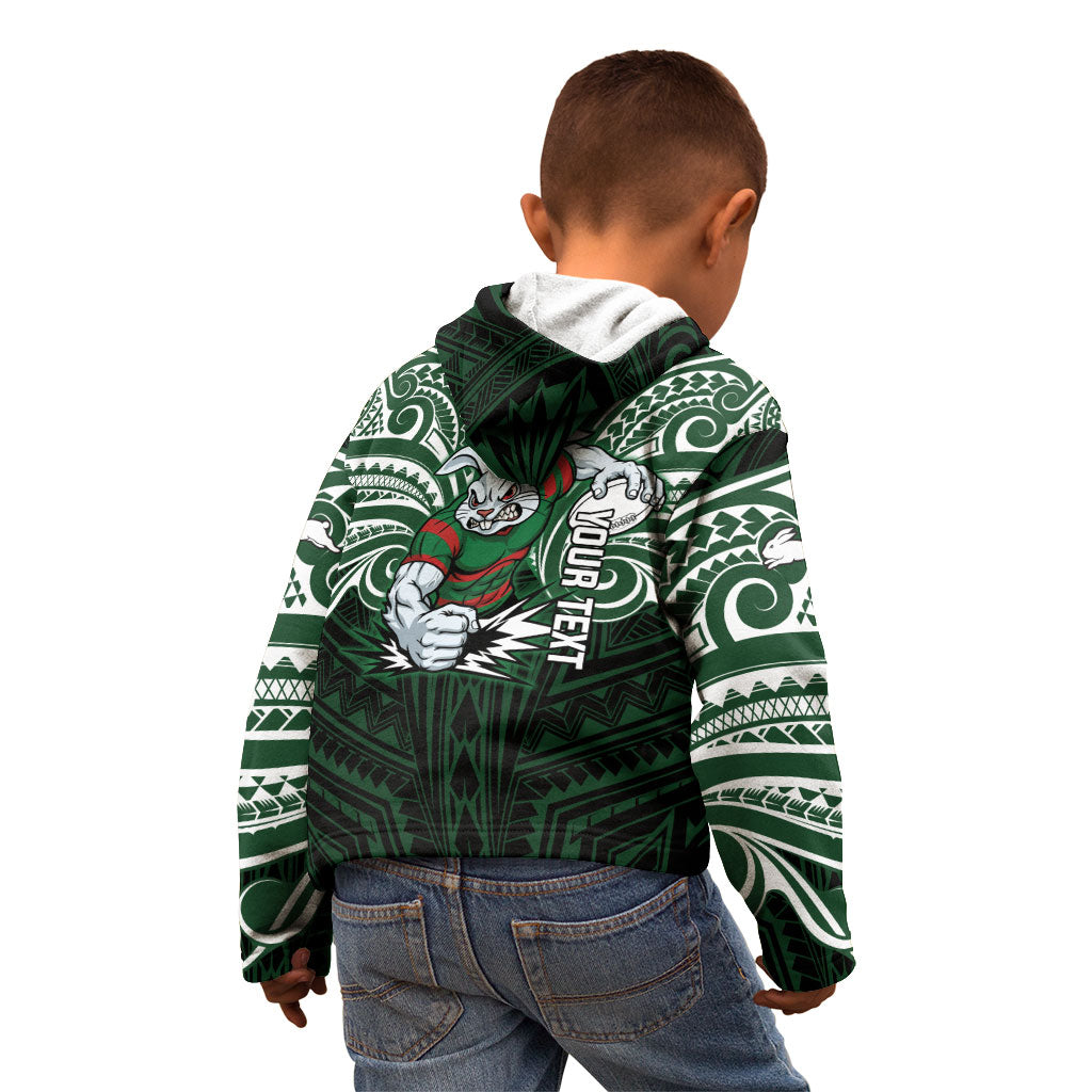 Custom South Sydney Rabbitohs Rugby Kid Hoodie Rabbit Warrior Polynesia Islander Rugby Mascot