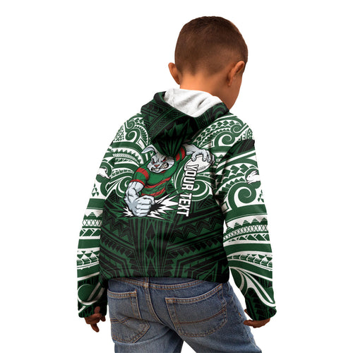 Custom South Sydney Rabbitohs Rugby Kid Hoodie Rabbit Warrior Polynesia Islander Rugby Mascot