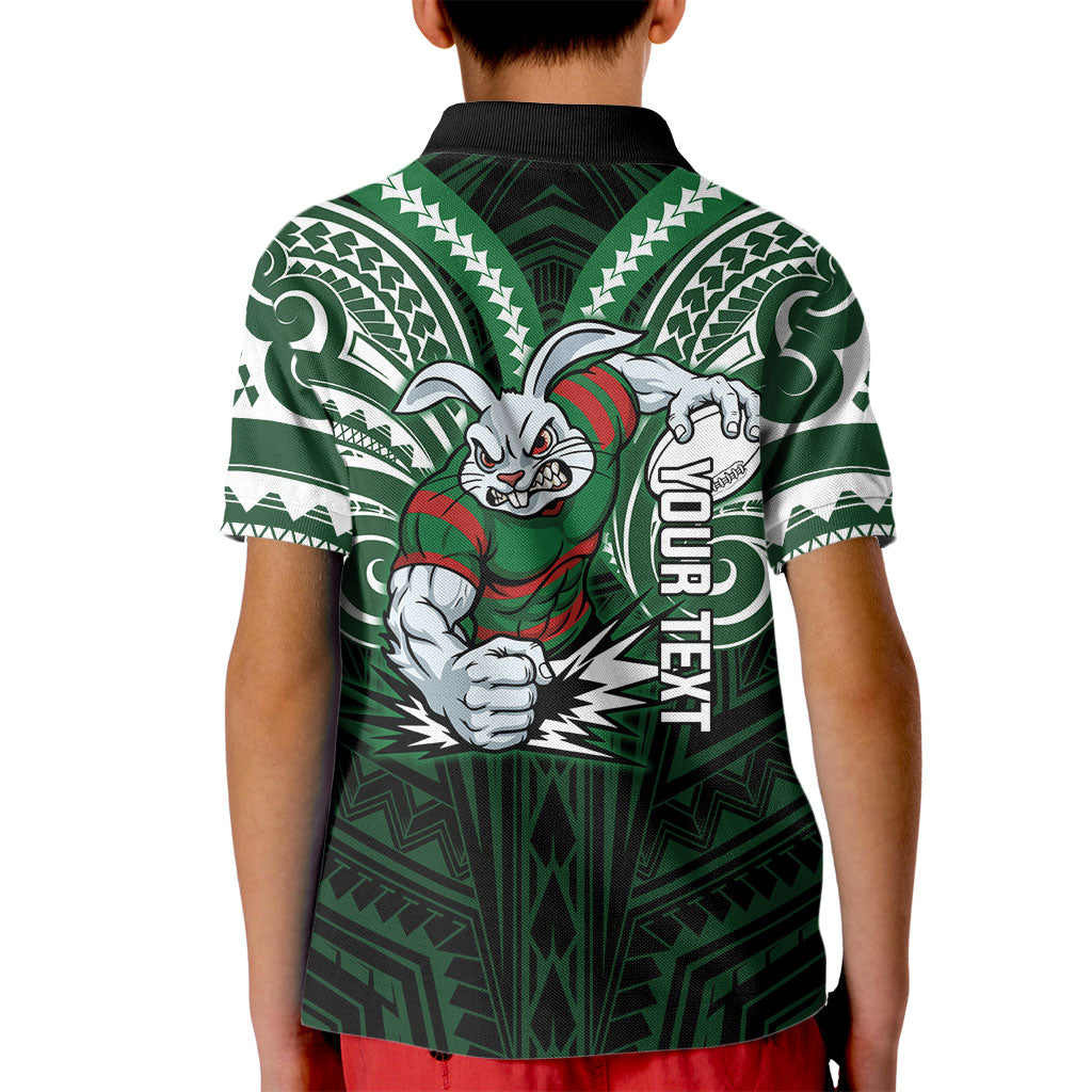 Custom South Sydney Rabbitohs Rugby Kid Polo Shirt Rabbit Warrior Polynesia Islander Rugby Mascot