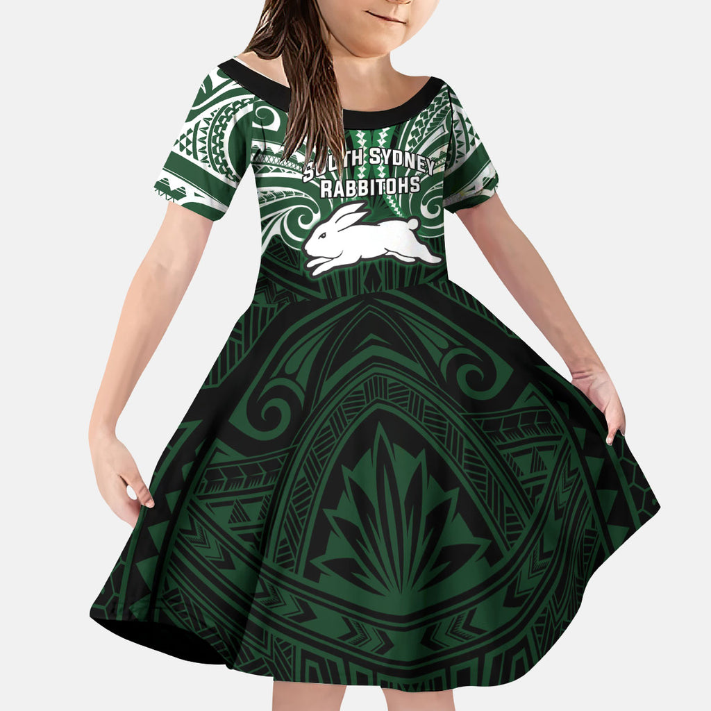 Custom South Sydney Rabbitohs Rugby Kid Short Sleeve Dress Rabbit Warrior Polynesia Islander Rugby Mascot