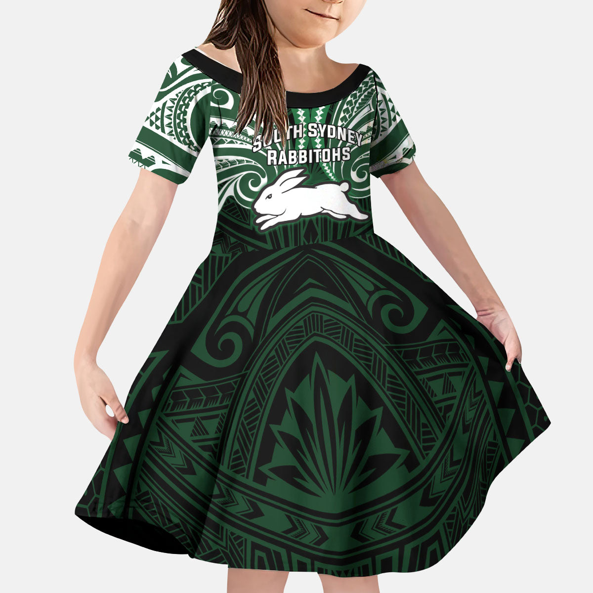 Custom South Sydney Rabbitohs Rugby Kid Short Sleeve Dress Rabbit Warrior Polynesia Islander Rugby Mascot