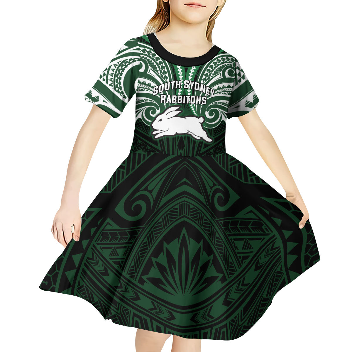 Custom South Sydney Rabbitohs Rugby Kid Short Sleeve Dress Rabbit Warrior Polynesia Islander Rugby Mascot