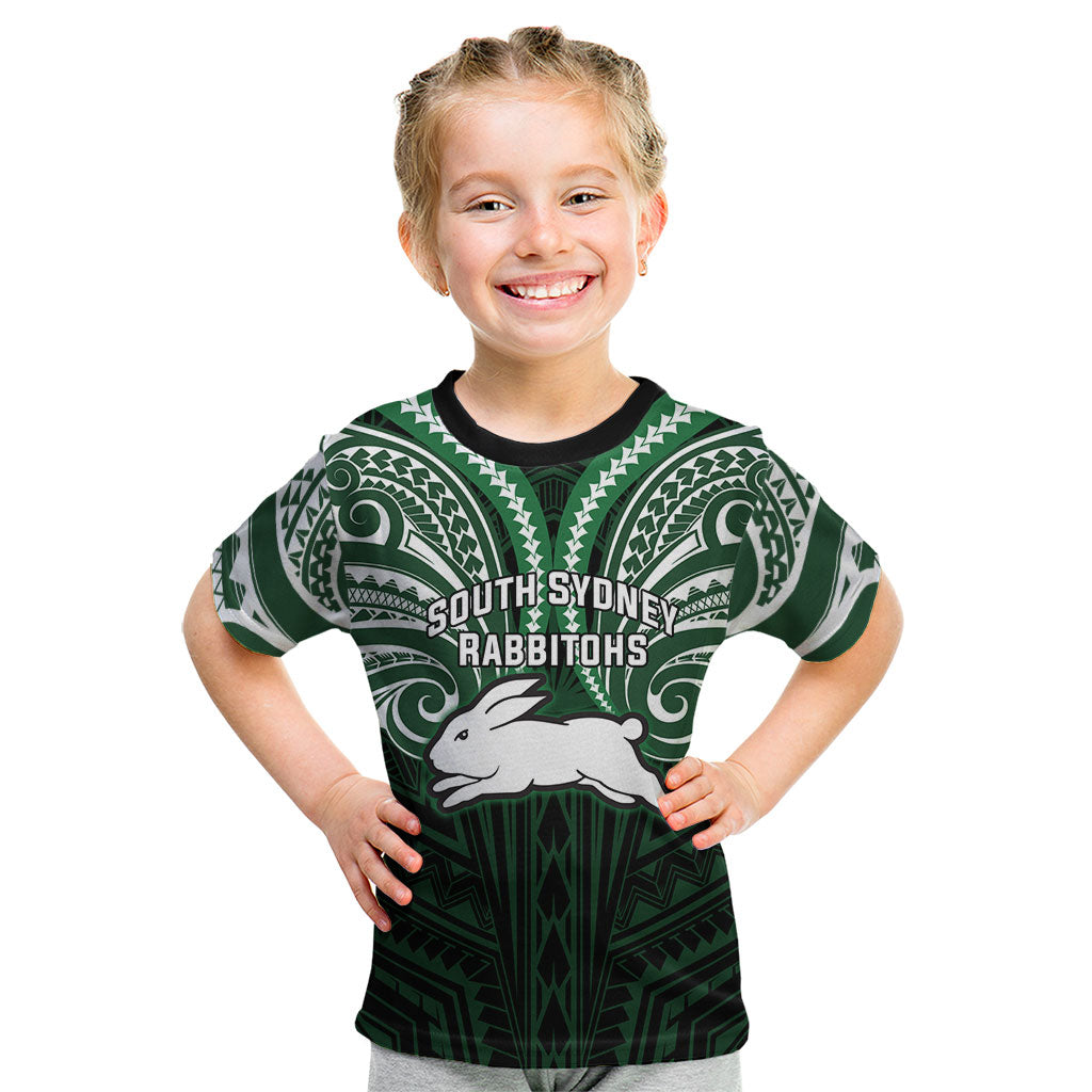 Custom South Sydney Rabbitohs Rugby Kid T Shirt Rabbit Warrior Polynesia Islander Rugby Mascot