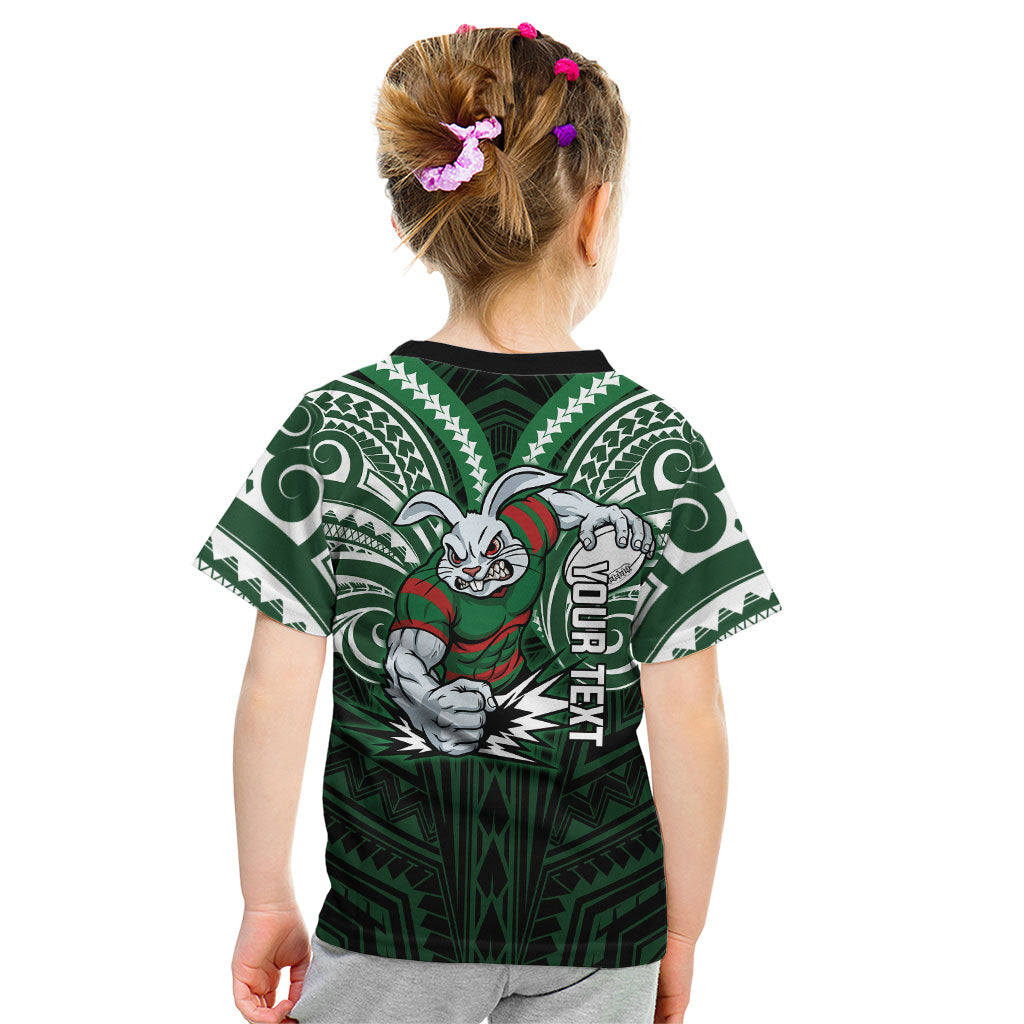 Custom South Sydney Rabbitohs Rugby Kid T Shirt Rabbit Warrior Polynesia Islander Rugby Mascot