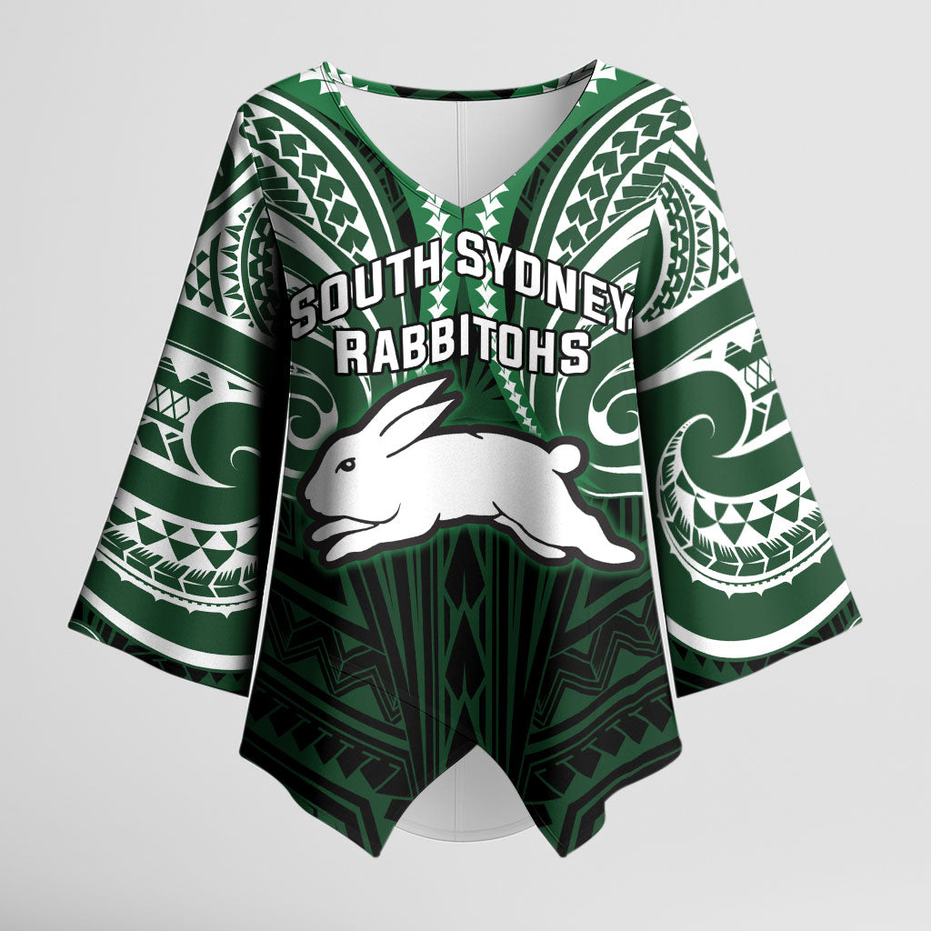 Custom South Sydney Rabbitohs Rugby Kimono Sleeve Blouse Rabbit Warrior Polynesia Islander Rugby Mascot