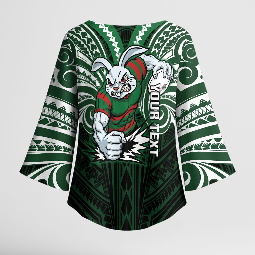 Custom South Sydney Rabbitohs Rugby Kimono Sleeve Blouse Rabbit Warrior Polynesia Islander Rugby Mascot
