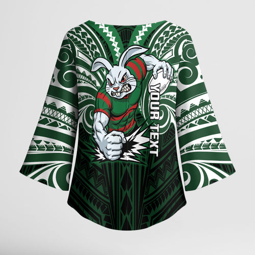 Custom South Sydney Rabbitohs Rugby Kimono Sleeve Blouse Rabbit Warrior Polynesia Islander Rugby Mascot