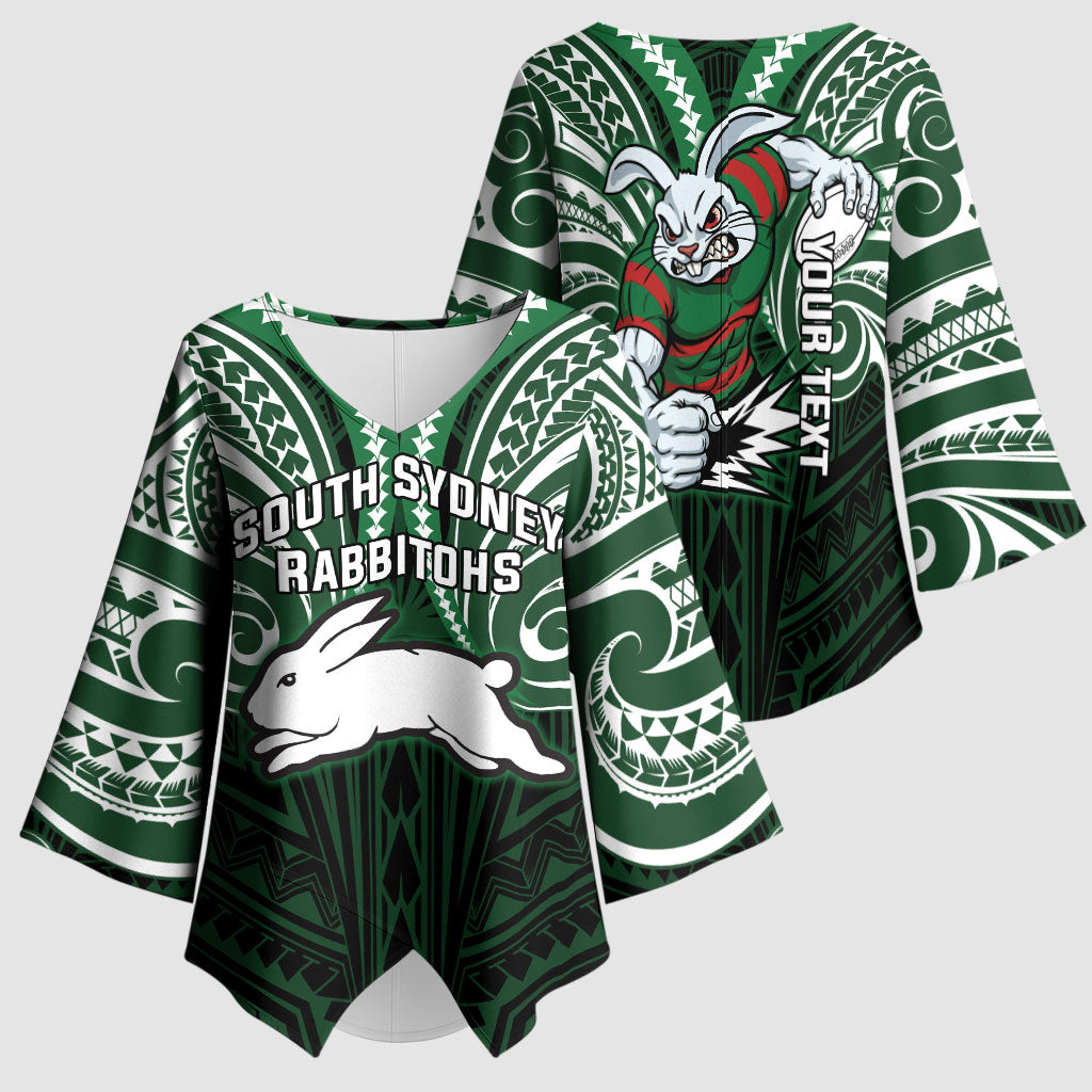 Custom South Sydney Rabbitohs Rugby Kimono Sleeve Blouse Rabbit Warrior Polynesia Islander Rugby Mascot