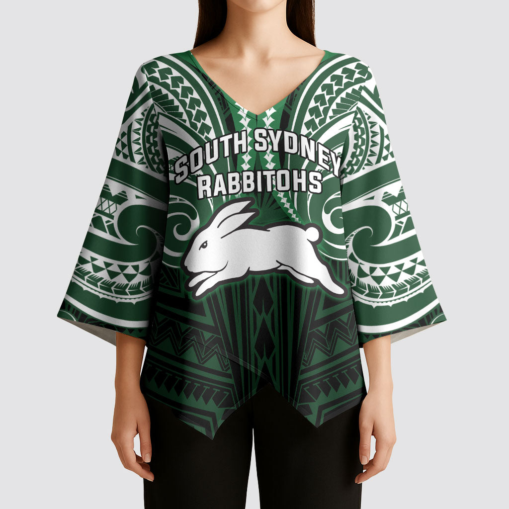 Custom South Sydney Rabbitohs Rugby Kimono Sleeve Blouse Rabbit Warrior Polynesia Islander Rugby Mascot