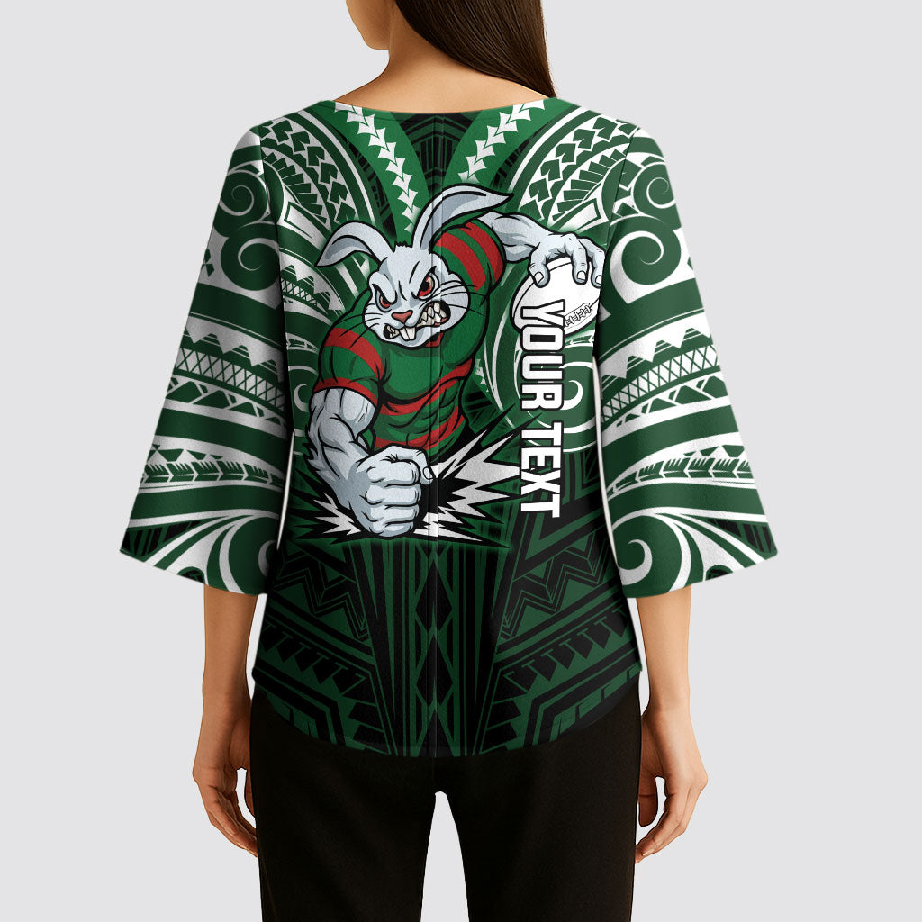 Custom South Sydney Rabbitohs Rugby Kimono Sleeve Blouse Rabbit Warrior Polynesia Islander Rugby Mascot