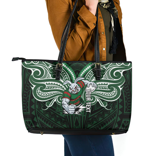 Custom South Sydney Rabbitohs Rugby Leather Tote Bag Rabbit Warrior Polynesia Islander Rugby Mascot