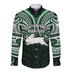 Custom South Sydney Rabbitohs Rugby Long Sleeve Button Shirt Rabbit Warrior Polynesia Islander Rugby Mascot