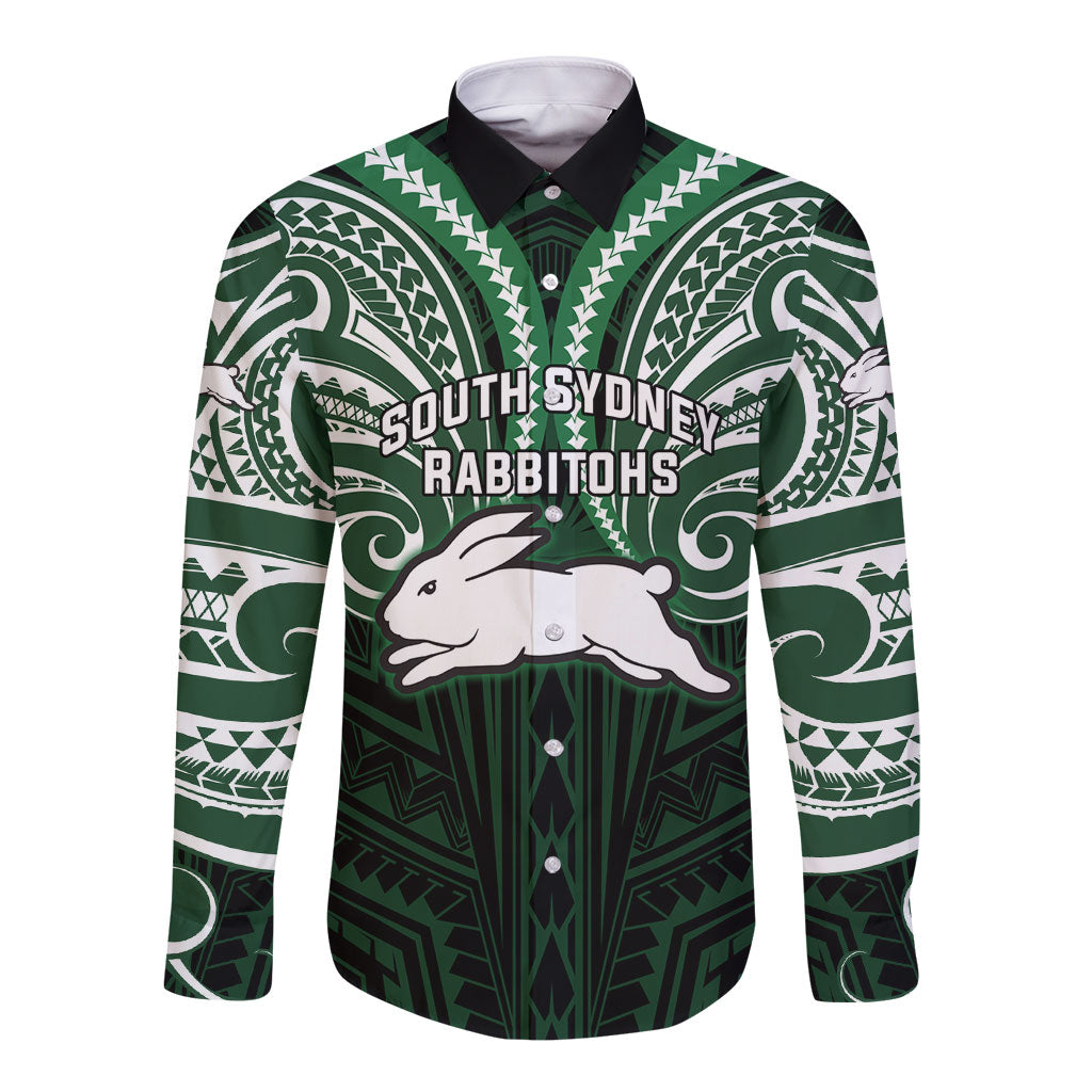Custom South Sydney Rabbitohs Rugby Long Sleeve Button Shirt Rabbit Warrior Polynesia Islander Rugby Mascot