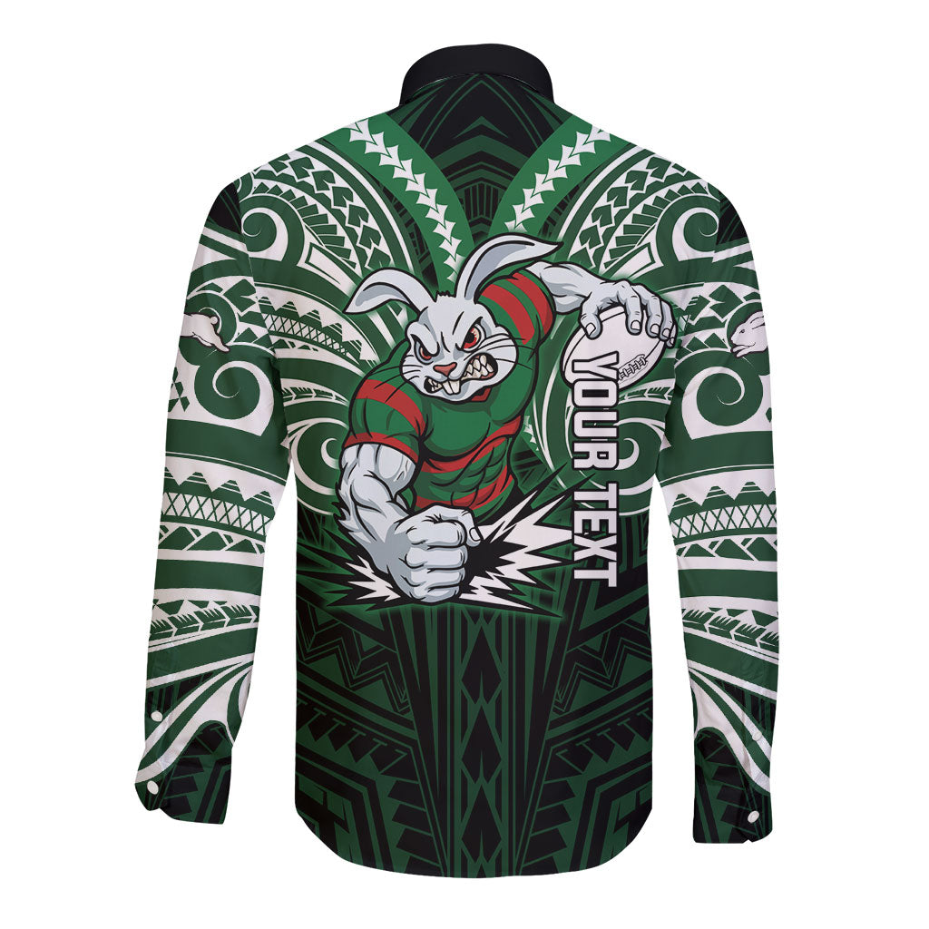 Custom South Sydney Rabbitohs Rugby Long Sleeve Button Shirt Rabbit Warrior Polynesia Islander Rugby Mascot