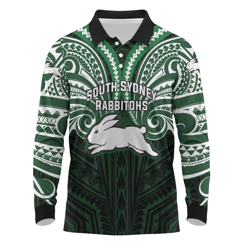 Custom South Sydney Rabbitohs Rugby Long Sleeve Polo Shirt Rabbit Warrior Polynesia Islander Rugby Mascot