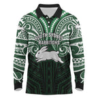 Custom South Sydney Rabbitohs Rugby Long Sleeve Polo Shirt Rabbit Warrior Polynesia Islander Rugby Mascot