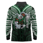 Custom South Sydney Rabbitohs Rugby Long Sleeve Polo Shirt Rabbit Warrior Polynesia Islander Rugby Mascot