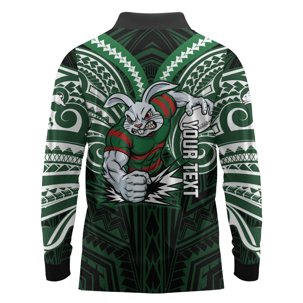 Custom South Sydney Rabbitohs Rugby Long Sleeve Polo Shirt Rabbit Warrior Polynesia Islander Rugby Mascot
