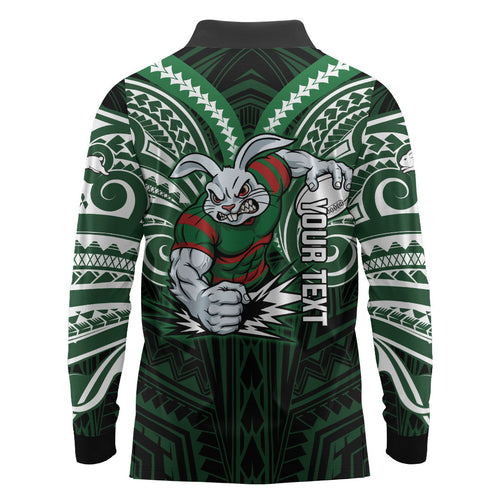Custom South Sydney Rabbitohs Rugby Long Sleeve Polo Shirt Rabbit Warrior Polynesia Islander Rugby Mascot