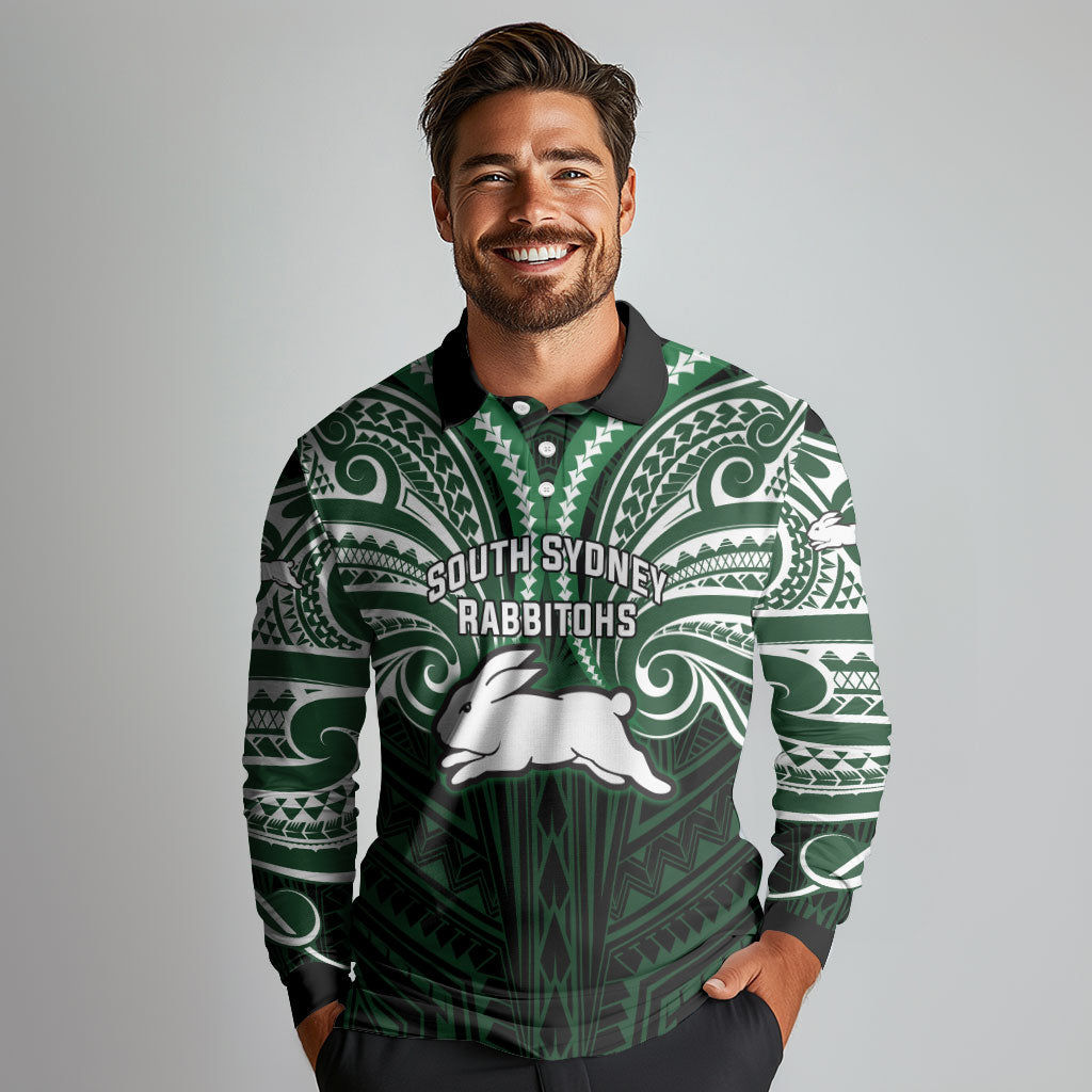 Custom South Sydney Rabbitohs Rugby Long Sleeve Polo Shirt Rabbit Warrior Polynesia Islander Rugby Mascot