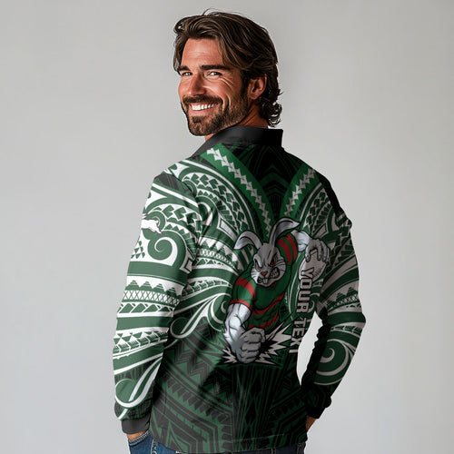 Custom South Sydney Rabbitohs Rugby Long Sleeve Polo Shirt Rabbit Warrior Polynesia Islander Rugby Mascot