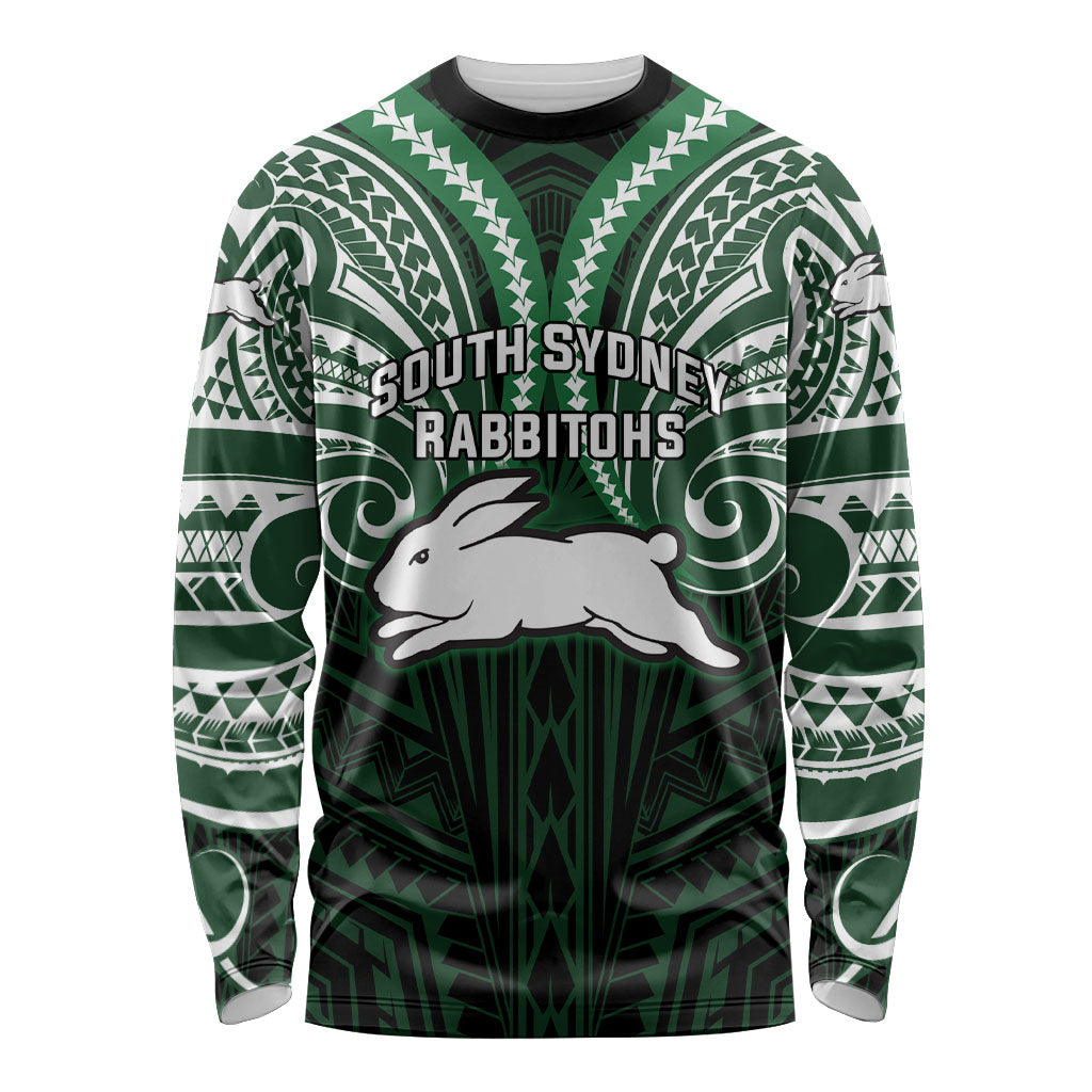 Custom South Sydney Rabbitohs Rugby Long Sleeve Shirt Rabbit Warrior Polynesia Islander Rugby Mascot