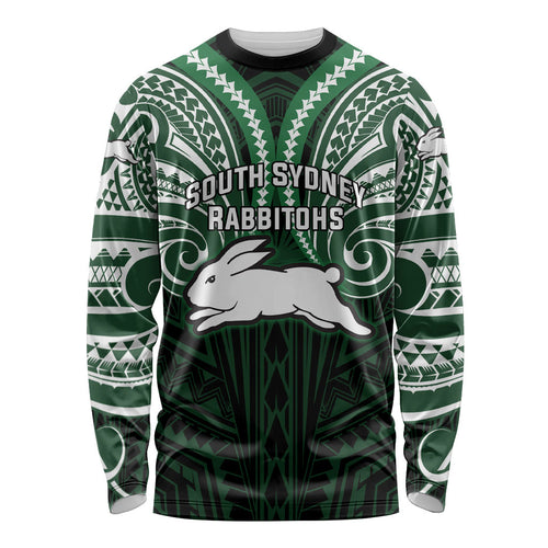 Custom South Sydney Rabbitohs Rugby Long Sleeve Shirt Rabbit Warrior Polynesia Islander Rugby Mascot