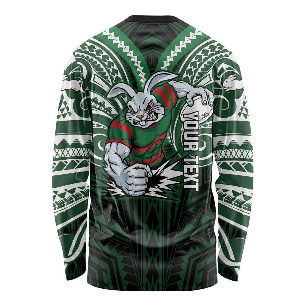 Custom South Sydney Rabbitohs Rugby Long Sleeve Shirt Rabbit Warrior Polynesia Islander Rugby Mascot