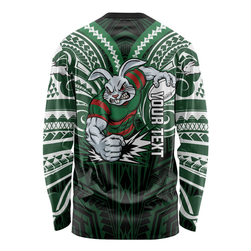 Custom South Sydney Rabbitohs Rugby Long Sleeve Shirt Rabbit Warrior Polynesia Islander Rugby Mascot