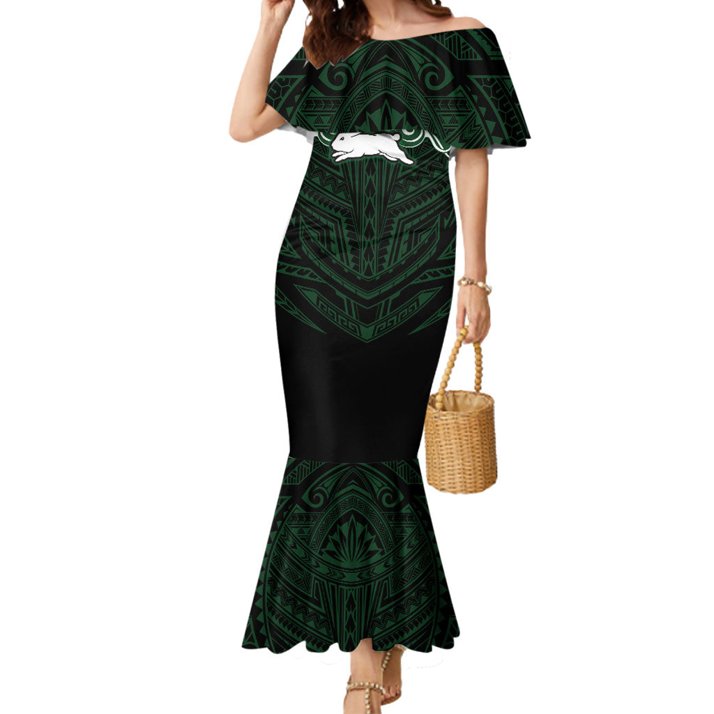 Custom South Sydney Rabbitohs Rugby Mermaid Dress Rabbit Warrior Polynesia Islander Rugby Mascot
