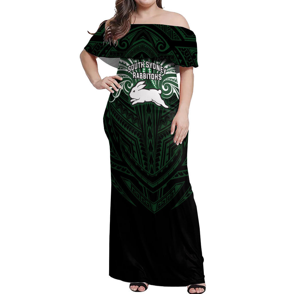 Custom South Sydney Rabbitohs Rugby Off Shoulder Maxi Dress Rabbit Warrior Polynesia Islander Rugby Mascot