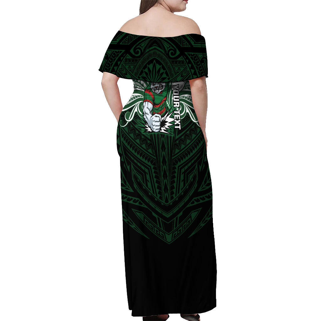 Custom South Sydney Rabbitohs Rugby Off Shoulder Maxi Dress Rabbit Warrior Polynesia Islander Rugby Mascot