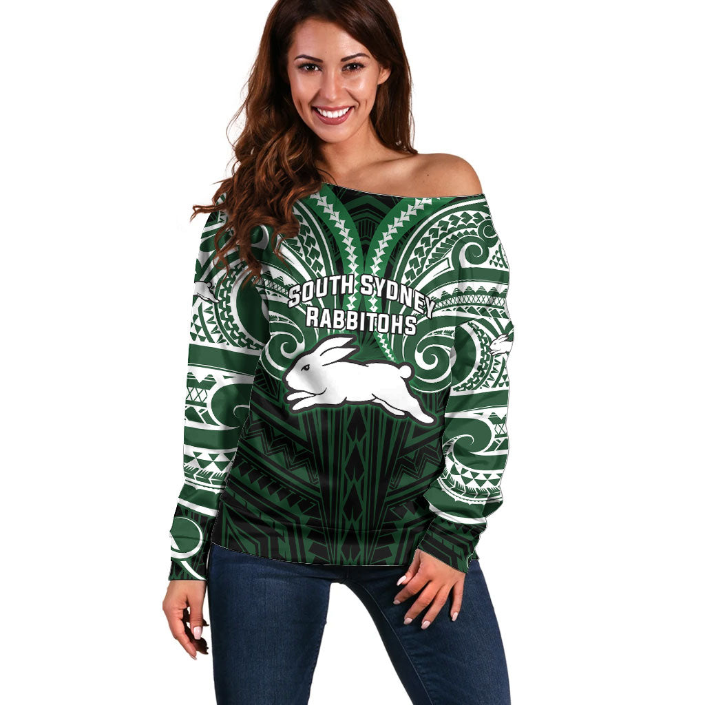 Custom South Sydney Rabbitohs Rugby Off Shoulder Sweater Rabbit Warrior Polynesia Islander Rugby Mascot
