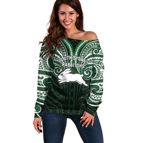 Custom South Sydney Rabbitohs Rugby Off Shoulder Sweater Rabbit Warrior Polynesia Islander Rugby Mascot