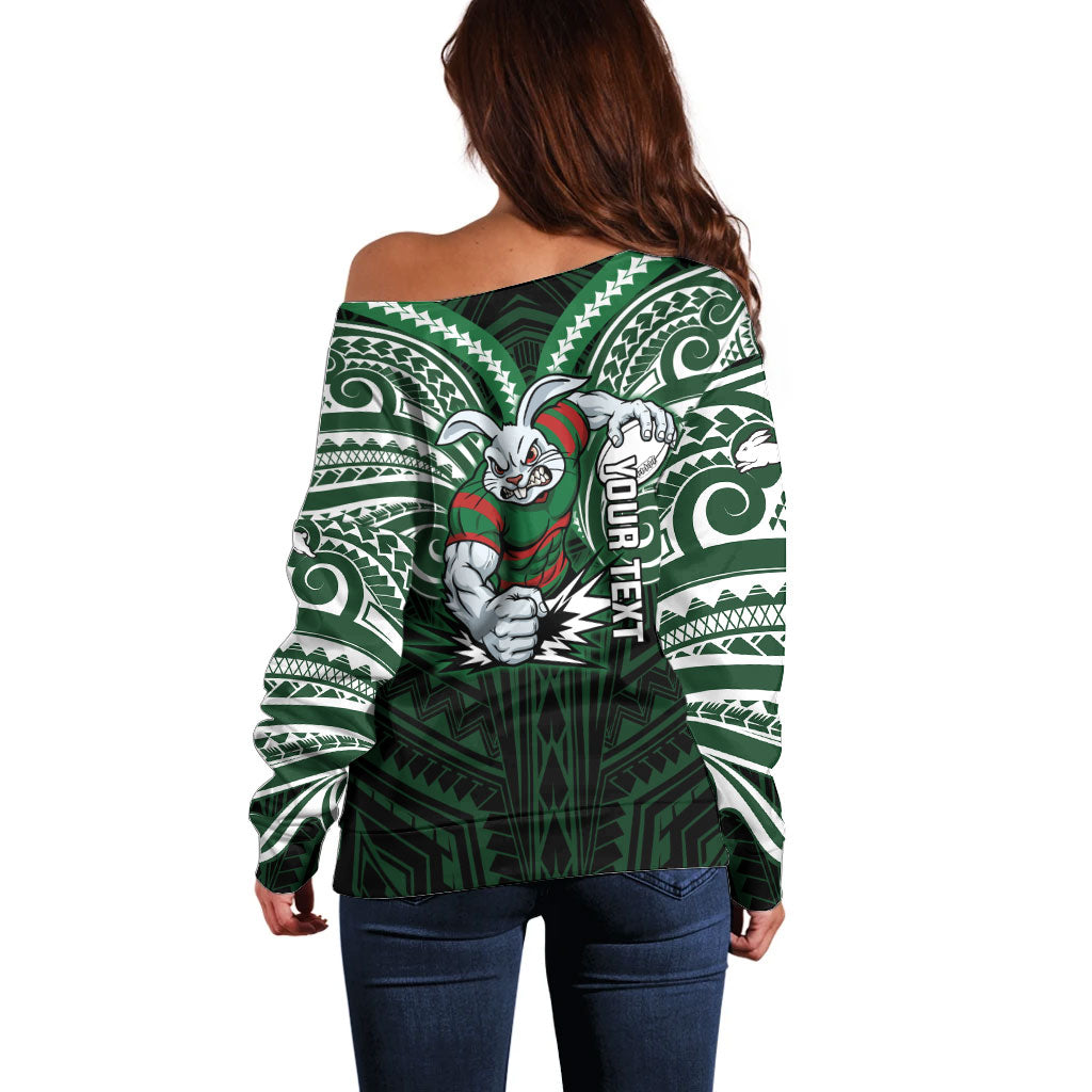Custom South Sydney Rabbitohs Rugby Off Shoulder Sweater Rabbit Warrior Polynesia Islander Rugby Mascot