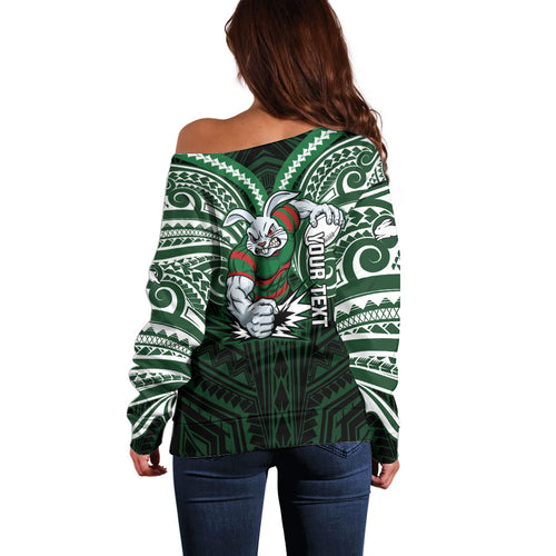 Custom South Sydney Rabbitohs Rugby Off Shoulder Sweater Rabbit Warrior Polynesia Islander Rugby Mascot