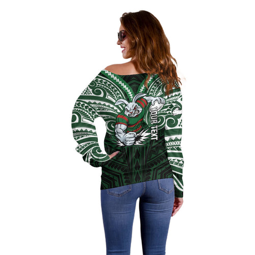 Custom South Sydney Rabbitohs Rugby Off Shoulder Sweater Rabbit Warrior Polynesia Islander Rugby Mascot