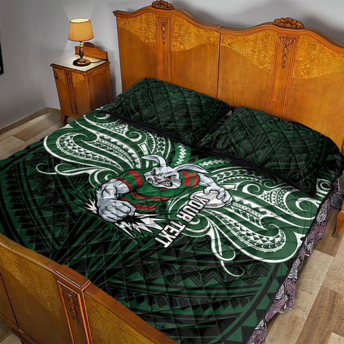 Custom South Sydney Rabbitohs Rugby Quilt Bed Set Rabbit Warrior Polynesia Islander Rugby Mascot
