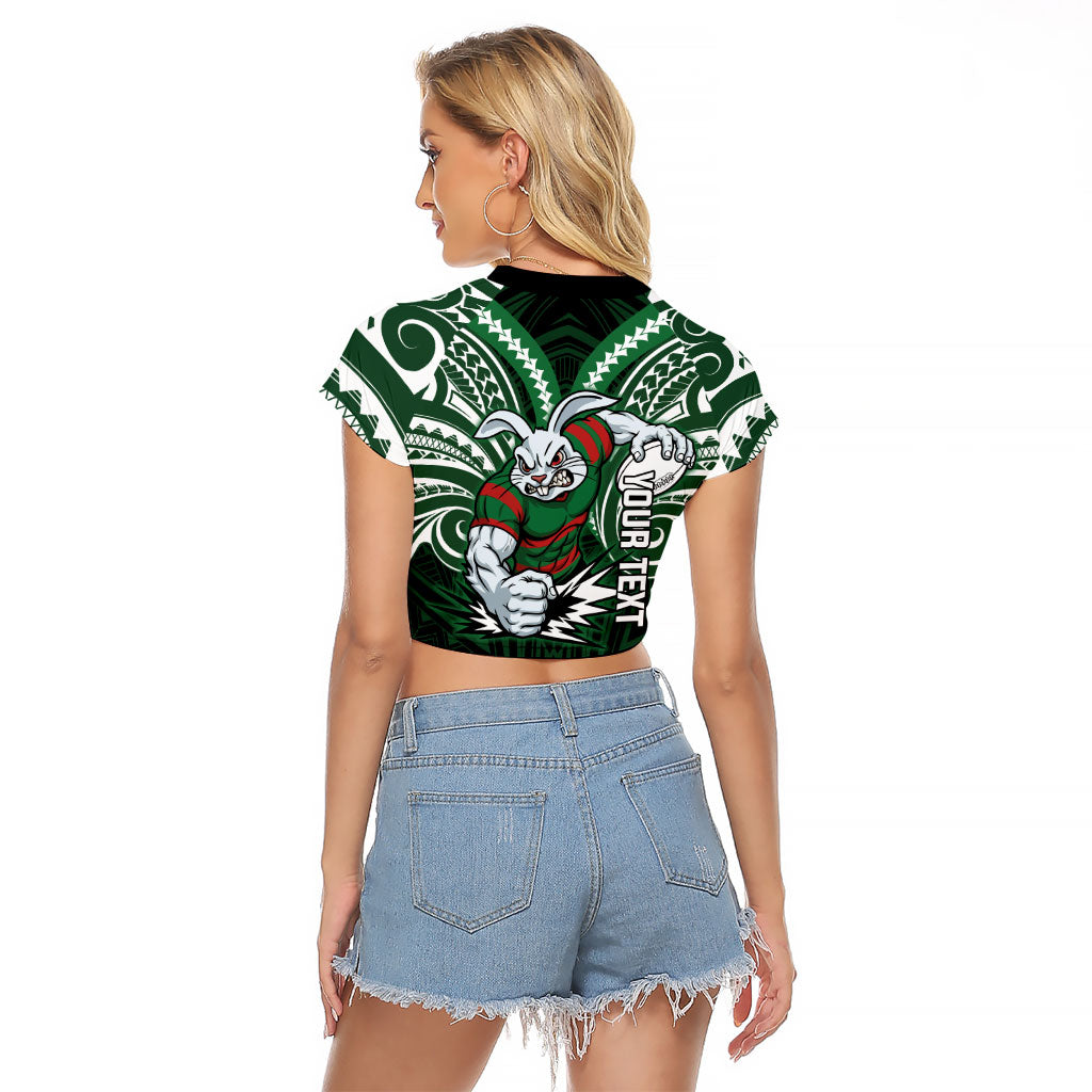 Custom South Sydney Rabbitohs Rugby Raglan Cropped T Shirt Rabbit Warrior Polynesia Islander Rugby Mascot