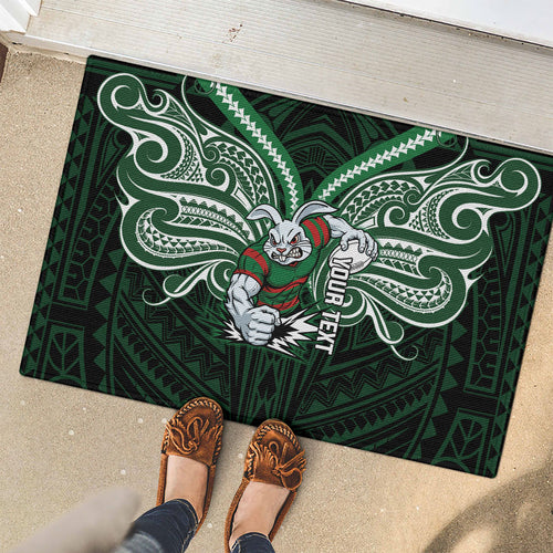 Custom South Sydney Rabbitohs Rugby Rubber Doormat Rabbit Warrior Polynesia Islander Rugby Mascot