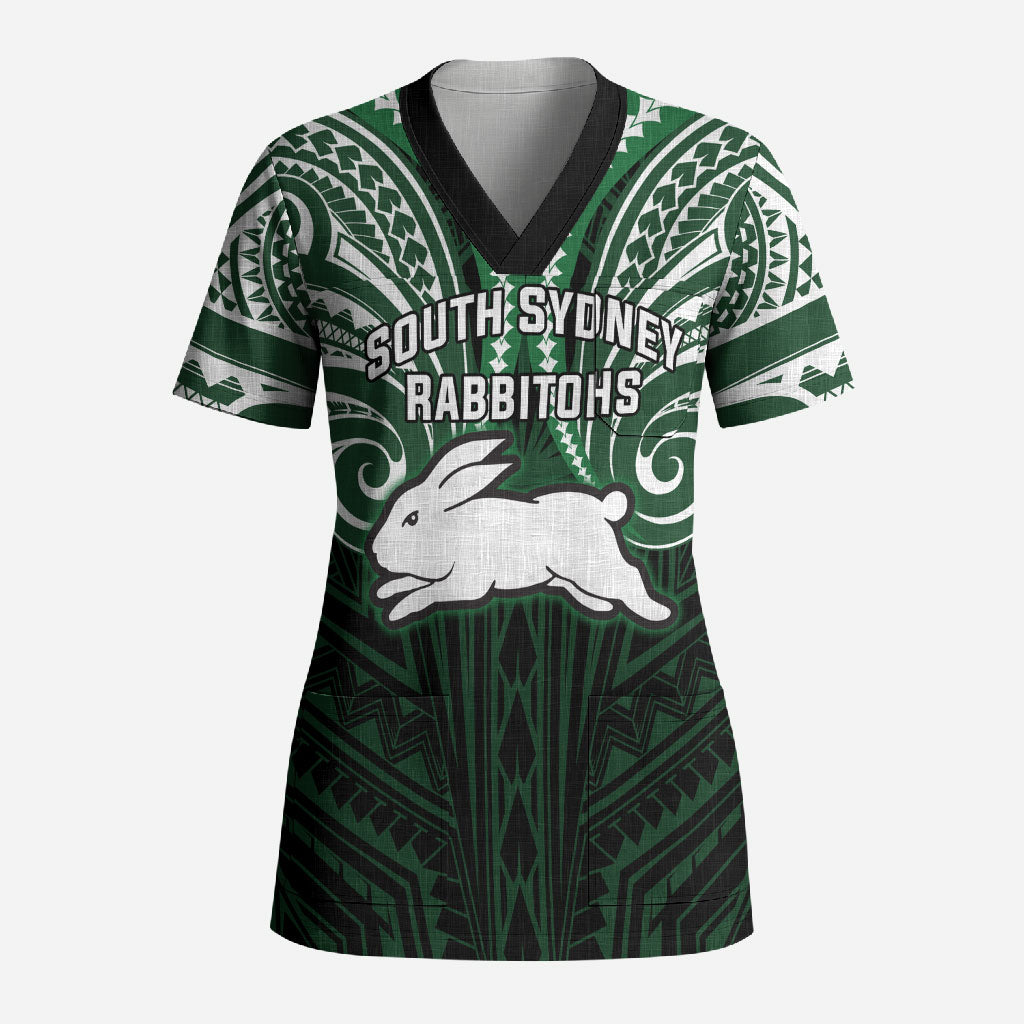 Custom South Sydney Rabbitohs Rugby Scrub Top Rabbit Warrior Polynesia Islander Rugby Mascot