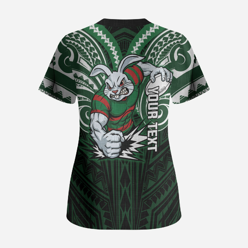 Custom South Sydney Rabbitohs Rugby Scrub Top Rabbit Warrior Polynesia Islander Rugby Mascot