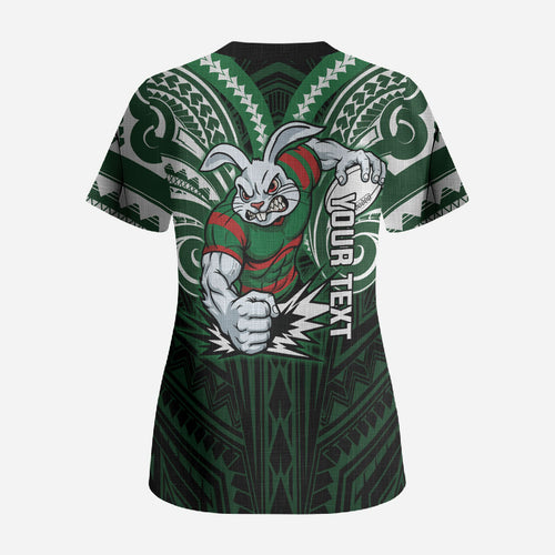 Custom South Sydney Rabbitohs Rugby Scrub Top Rabbit Warrior Polynesia Islander Rugby Mascot