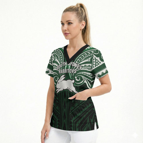 Custom South Sydney Rabbitohs Rugby Scrub Top Rabbit Warrior Polynesia Islander Rugby Mascot