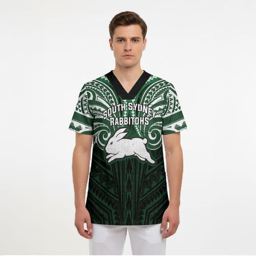 Custom South Sydney Rabbitohs Rugby Scrub Top Rabbit Warrior Polynesia Islander Rugby Mascot