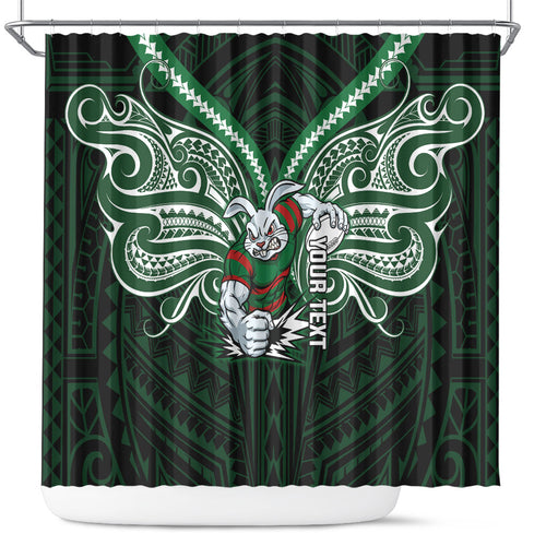 Custom South Sydney Rabbitohs Rugby Shower Curtain Rabbit Warrior Polynesia Islander Rugby Mascot