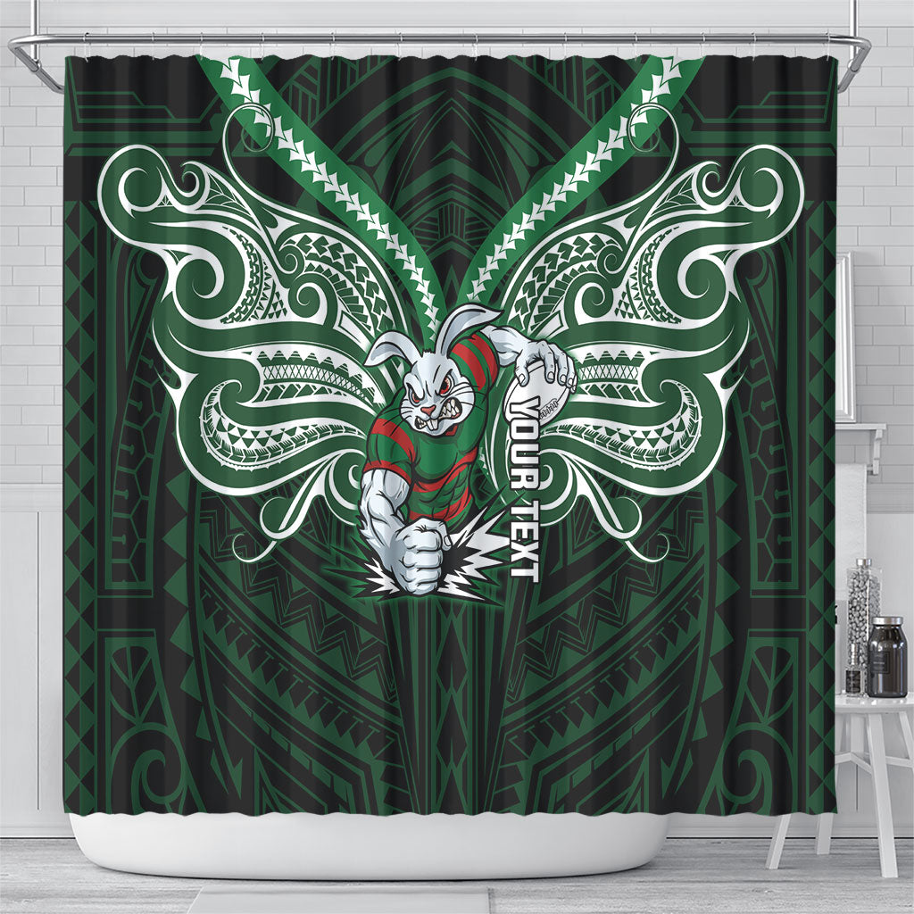 Custom South Sydney Rabbitohs Rugby Shower Curtain Rabbit Warrior Polynesia Islander Rugby Mascot