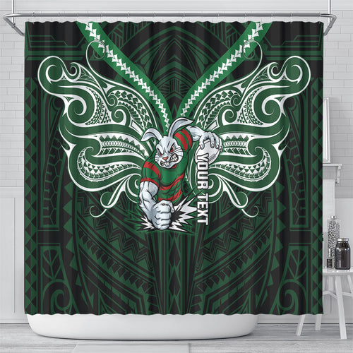 Custom South Sydney Rabbitohs Rugby Shower Curtain Rabbit Warrior Polynesia Islander Rugby Mascot