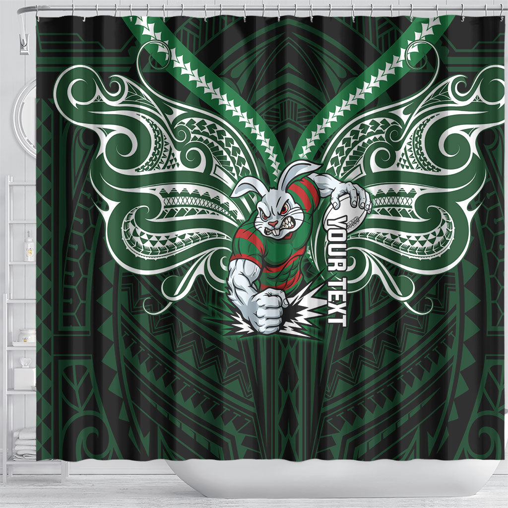 Custom South Sydney Rabbitohs Rugby Shower Curtain Rabbit Warrior Polynesia Islander Rugby Mascot